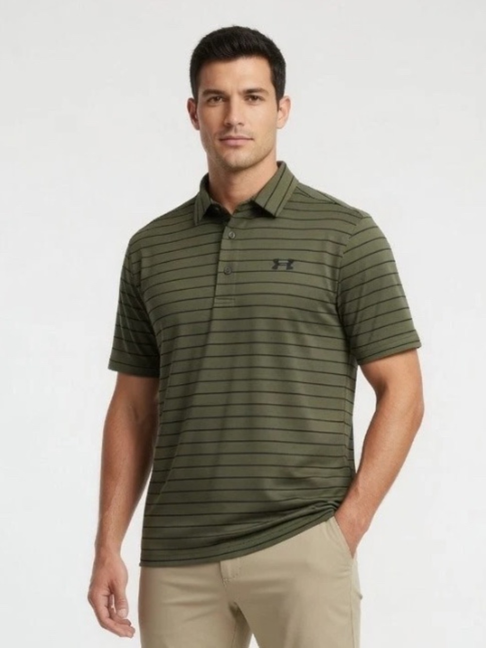 Under Armour Men's The Playoff Polo Golf Shirt olive green with Stripes size L
